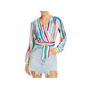 ART DEALER Womens White Tie Striped Long Sleeve Surplice Neckline Wrap Top S